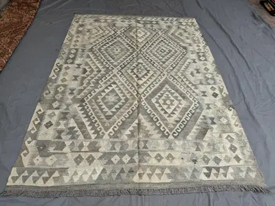 7 x 10 ft Afghan Vintage Hand Woven Kilim Terracotta Faded Maimana Flat Weave Rare Large Tribal Geometric Area