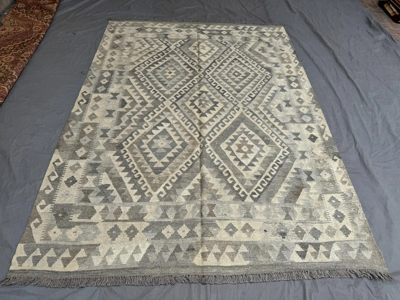 7 x 10 ft Afghan Vintage Hand Woven Kilim Terracotta Faded Maimana Flat Weave Rare Large Tribal Geometric Area Rug | For Living room decor