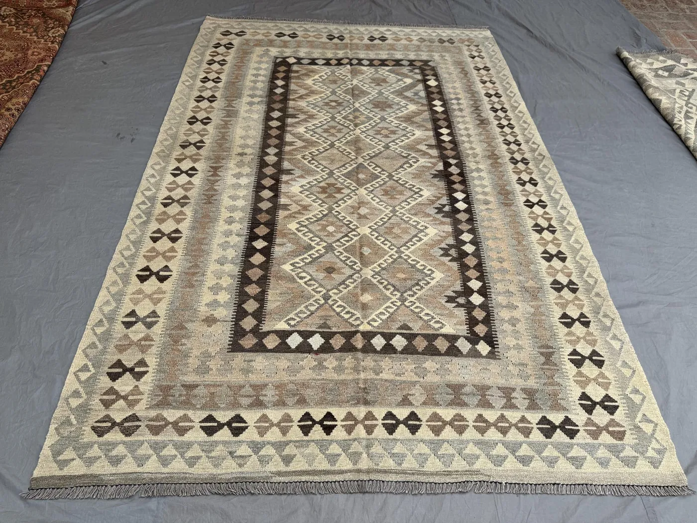 6.6 x 9.7 ft Afghan Vintage Hand Woven Kilim Rug Large Rare Flat Weave Maimana Design Tribal Geometric Soft Earth Tone Area Carpet