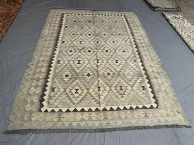 7 x 9.6 ft Afghan Vintage Hand Knotted Kilim Rug Rare Flat Weave Maimana Design Large Faded Tribal Geometric A
