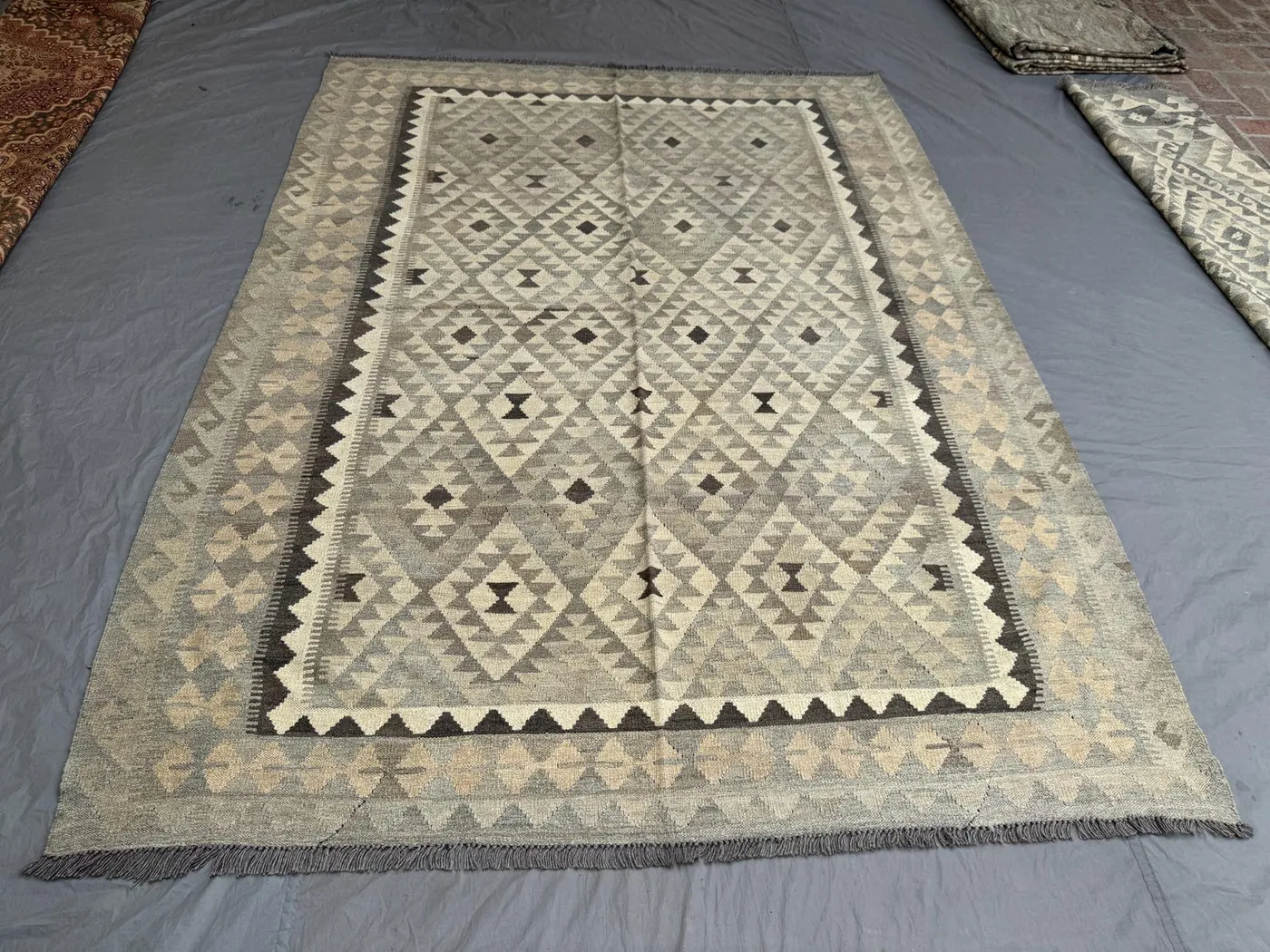 7 x 9.6 ft Afghan Vintage Hand Knotted Kilim Rug Rare Flat Weave Maimana Design Large Faded Tribal Geometric Area rug | Living room decor