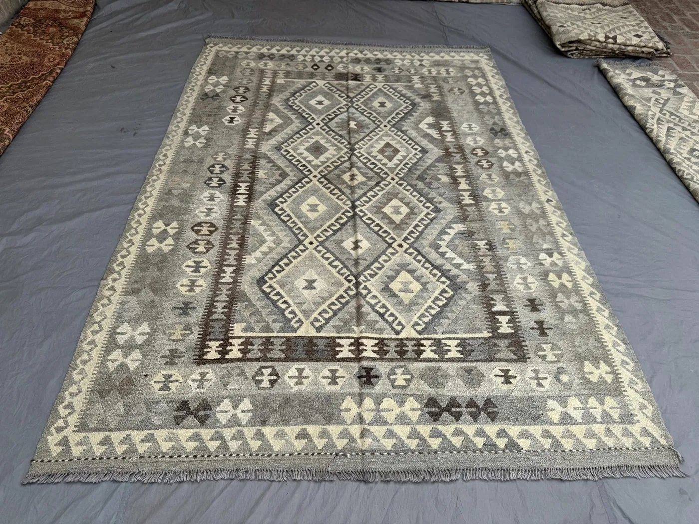 6'8 x 9'9 ft Afghan Hand Woven Flat Weave Kilim Rug, Large Area Faded Maimana Design, Tribal Geometric Pattern, Unique One-of-a-Kind Rug