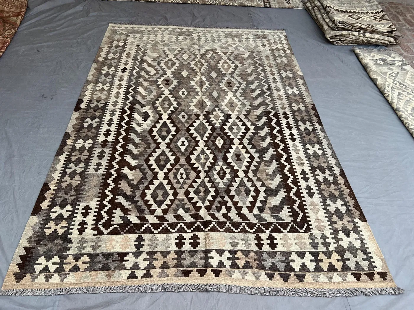 7 x 10 ft Afghan Hand-Woven Vintage Kilim Rare One-of-a-Kind Maimana Design Elegant Brown & Beige Colors | Living room or Hallway decor