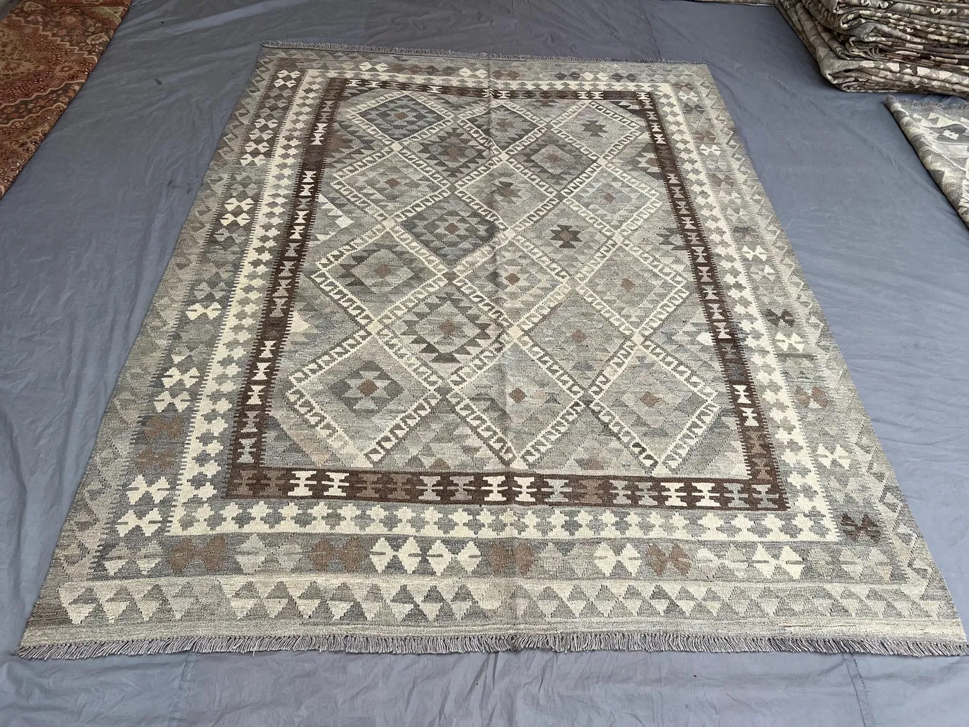 6'11 x 9'1 ft Afghan Hand-Woven Vintage Kilim One-of-a-Kind Maimana Design Large Area Rug Faded Gray & Beige | Living room or Bedroom decor