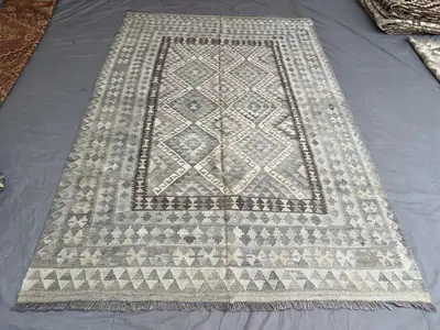 7 x 10 ft Afghan Hand-Woven Vintage Kilim Rare One-of-a-Kind Maimana Design Faded Blue & Gray Tones | Living r