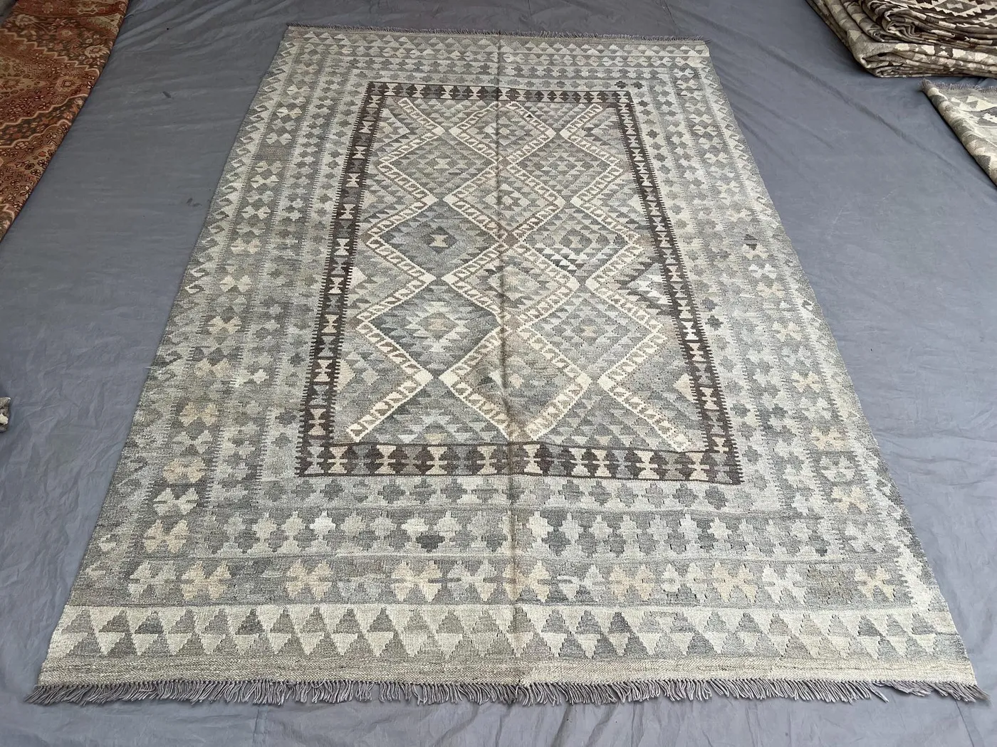 7 x 10 ft Afghan Hand-Woven Vintage Kilim Rare One-of-a-Kind Maimana Design Faded Blue & Gray Tones | Living room or Bedroom decor rug