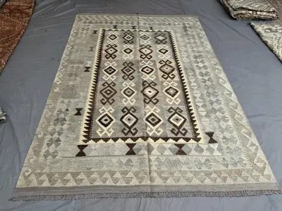 7 x 10 ft Afghan Vintage Hand Woven Kilim Rug Large Area Faded Maimana Design One-of-a-Kind Tribal Flat Weave 