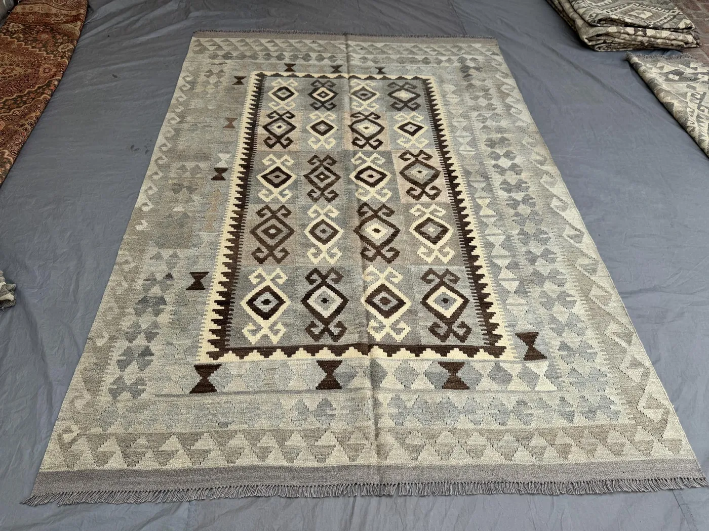 7 x 10 ft Afghan Vintage Hand Woven Kilim Rug Large Area Faded Maimana Design One-of-a-Kind Tribal Flat Weave | Bedroom decor