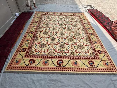 9x12 Persian-Style Mina Khani Design Sumak Kilim | Afghan Hand-Woven Wool | Ivory Floral Lattice