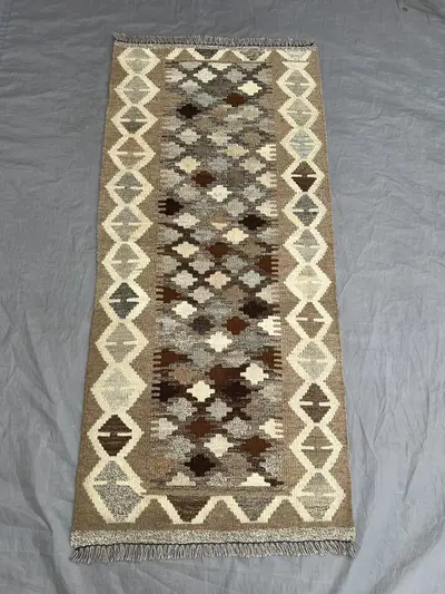 One-of-a-Kind 2 x 5 ft Afghan Hand-Woven Vintage Flat-Weave Kilim Runner, Faded Maimana Design, Small Wool Tri