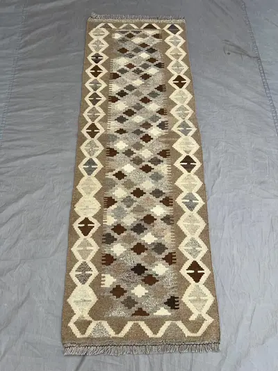 Rare 2 x 6 ft Afghan Hand-Woven Vintage Flat-Weave Kilim Runner, Faded Maimana Design, Wool Tribal Rug, Unique