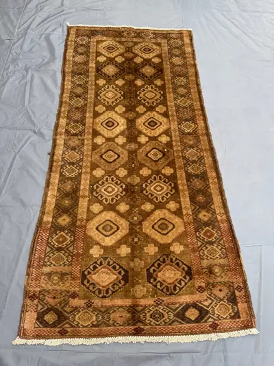 3 × 8 Afghan Hand-Knotted Vintage Rug Balochi Tribal Design Brown Beige Soft Wool One-of-a-Kind Traditional Ar
