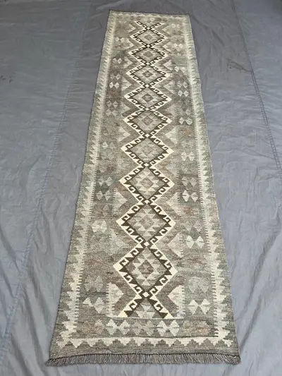 Unique 3 x 10 ft Afghan Hand-Woven Vintage Flat-Weave Kilim Runner Faded Maimana Design Large Hallway Rug One-