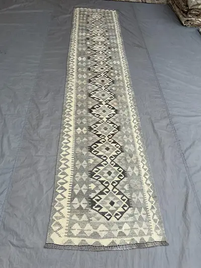 Unique 3 x 13 ft Afghan Hand-Woven Vintage Flat-Weave Kilim Runner Faded Maimana Design Large Wool Tribal Rug 