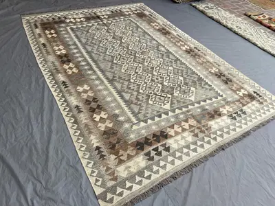 Unique 7 x 10 ft Afghan Hand-Woven Vintage Flat-Weave Kilim Faded Maimana Design Large Area Rug One-of-a-Kind 