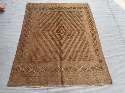 4'10 x 5'10 ft Afghan Hand-Woven Vintage Rare Flat-Weave Kilim Rug Sumak Terracotta Color Faded Balochi Design