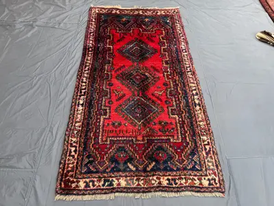 4' x 7'7 Vintage Turkish Hand-Knotted Rug, Caucasian Soft Wool Rug, Medallion Design, Red, Blue, Tribal Decor 