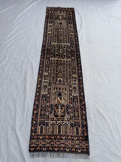 Dark Brown 2'2 x 9'7 Ft Vintage Baluchi Tribal Runner Rug Hand Knotted Geometric Soft Wool Boho Hallway Home D