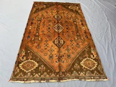 5'3x8'2 ft Turkish Inspired Wool Hand-Made Vintage Area Rug Medallion Design, Warm Brown and Orange, Boho Deco