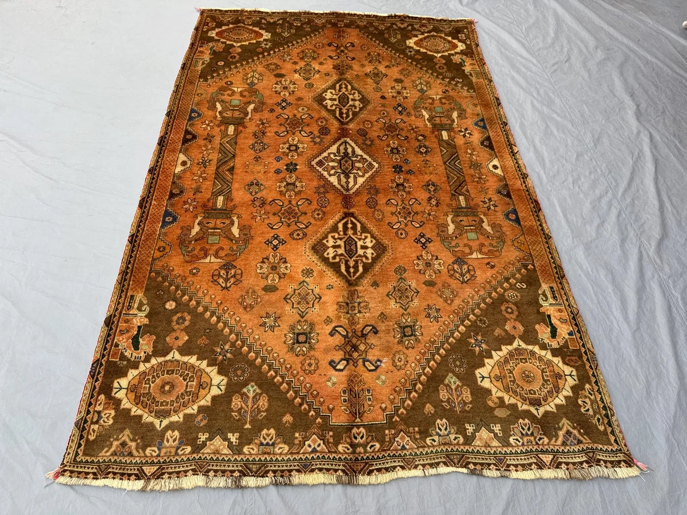 5'3x8'2 ft Turkish Inspired Wool Hand-Made Vintage Area Rug Medallion Design, Warm Brown and Orange, Boho Decor, One-of-a-Kind