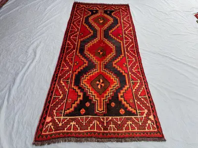 Afghan Hand-Knotted Caucasian Style Rug, 4'1x9'2 ft, Vintage Geometric Pattern, Wool, Soft Pile, Traditional H