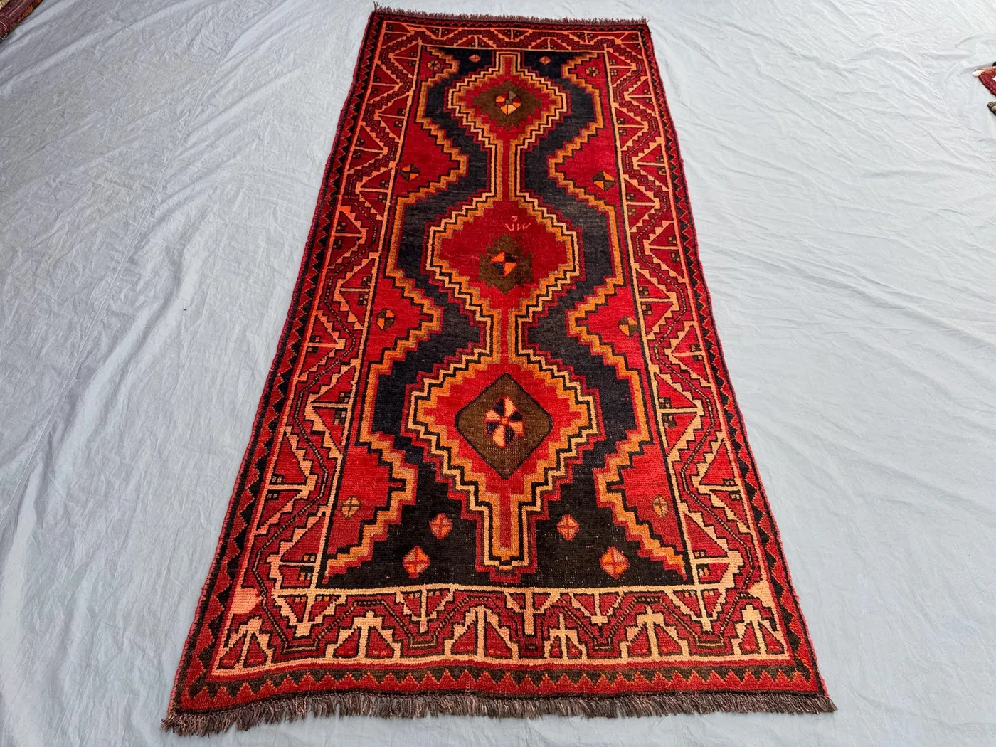 Afghan Hand-Knotted Caucasian Style Rug, 4'1x9'2 ft, Vintage Geometric Pattern, Wool, Soft Pile, Traditional Handmade Rug, Unique Design
