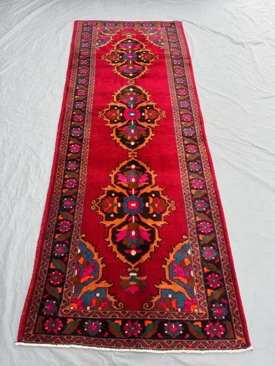 Turkish Inspired Caucasian Rug, 3'9x9'10 ft (115x300 cm), Hand-Knotted Wool,Vintage 1960s, Medallion Design,So