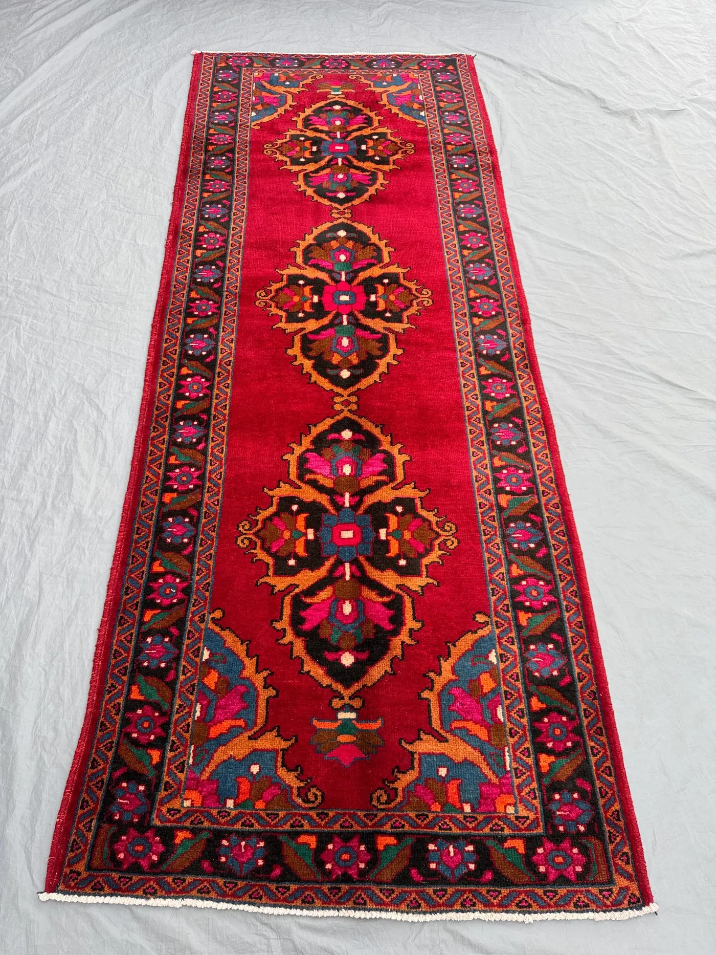 Turkish Inspired Caucasian Rug, 3'9x9'10 ft (115x300 cm), Hand-Knotted Wool,Vintage 1960s, Medallion Design,Soft Red and Black,One-of-a-Kind