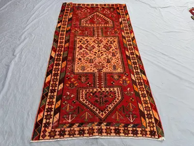 Turkish Inspired Caucasian Rug, 4'4x8'6 ft (132x259 cm), Hand-Knotted Wool, Vintage 1960s, Soft Red and Black,
