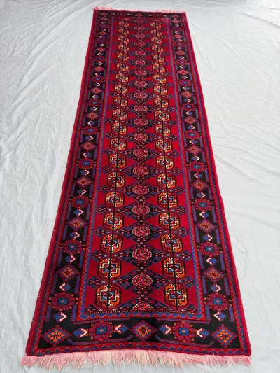 Afghan Turkman Tekke Ersari Runner Rug, 3'6x11 ft (107x335 cm), Hand-Knotted Wool, Vintage Tribal Design, Rich