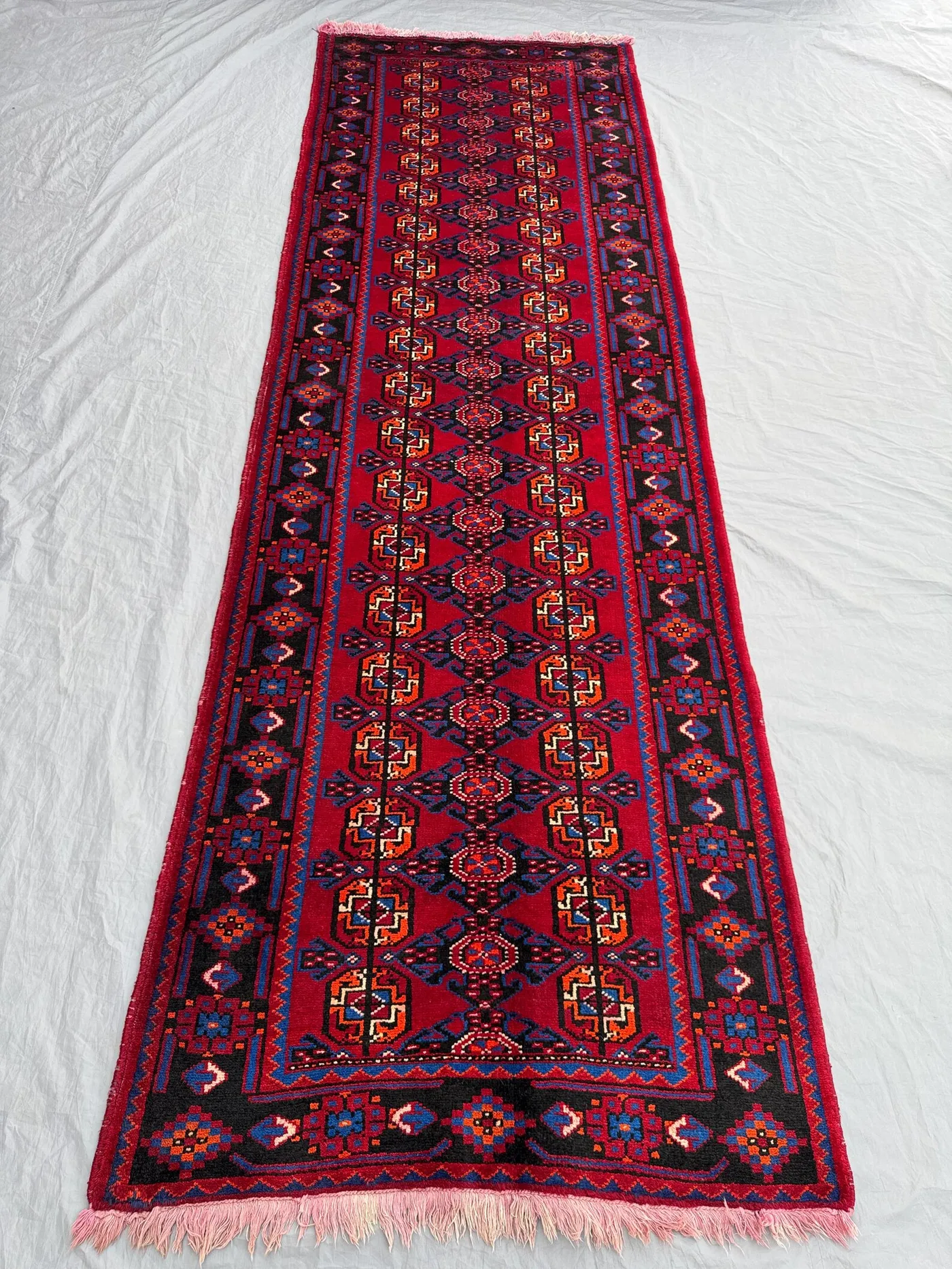 Afghan Turkman Tekke Ersari Runner Rug, 3'6x11 ft (107x335 cm), Hand-Knotted Wool, Vintage Tribal Design, Rich Red and Black, One-of-a-Kind