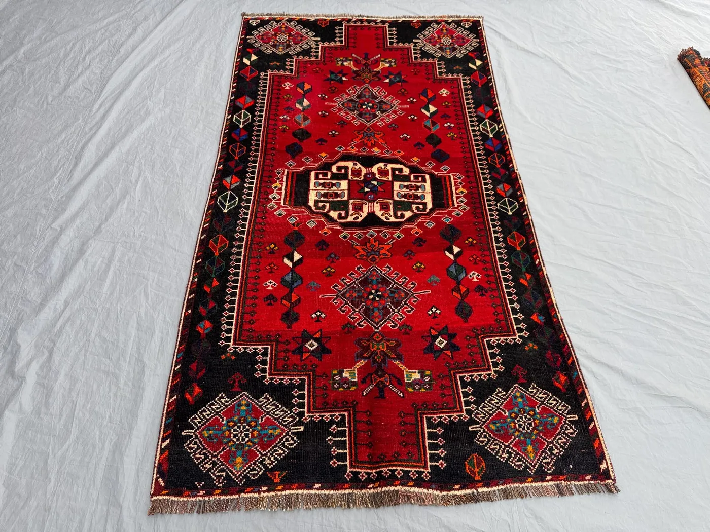 Turkish Inspired Caucasian Rug, 3'10x7 ft (117x213 cm), Hand-Knotted Wool, Vintage 1940s, Soft Red and Black, Medallion Design,One-of-a-Kind