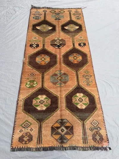 3.6 x 8 ft Turkish Hand Knotted Rug, Vintage Soft Pile with Medallion Design, Terracotta Color, One of a Kind,