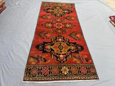 4.9 x 11.5 ft Vintage Turkish Runner | Hand-Knotted Soft Pile Caucasian Design | Rich Red & Black | One-of-a-K
