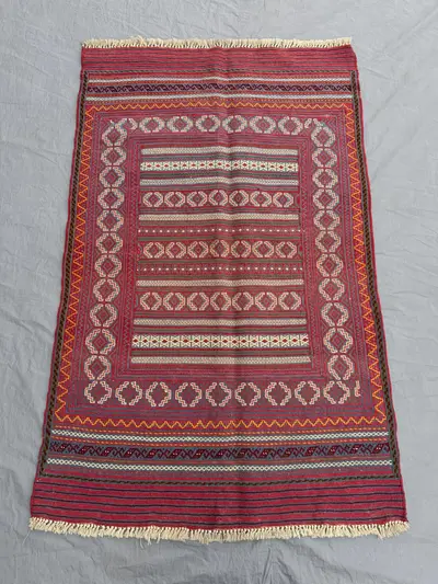 3 x 5 ft Vintage Afghan Sumak Kilim | Handwoven Flatweave Rug | Rich Red Tribal Soumak | One-of-a-Kind Boho Lu