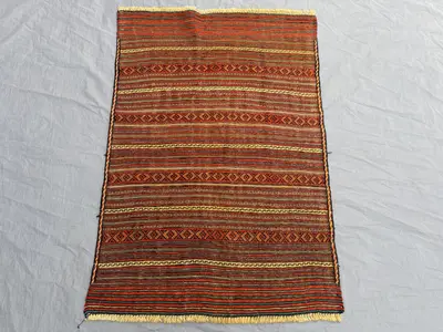 3 x 4 ft Vintage Afghan Sumak Kilim | Handwoven Reversible Flatweave | Rich Red Stripes | One-of-a-Kind Boho L