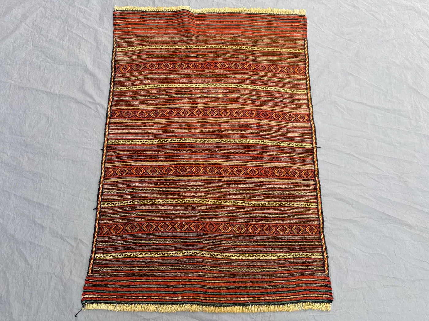 3 x 4 ft Vintage Afghan Sumak Kilim | Handwoven Reversible Flatweave | Rich Red Stripes | One-of-a-Kind Boho Luxury Rug