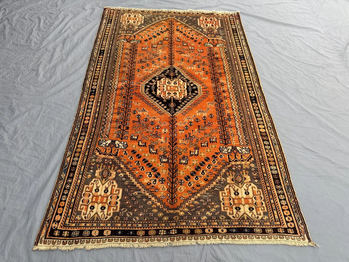 5x8 Persian-Style Shiraz Tribal Medallion Rug | Vintage Turkish Hand Knotted Wool | Burnt Orange One of a Kind
