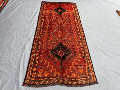 Turkish Inspired Moroccan Runner Rug, 3'10x8'4 ft (117x255 cm), Vintage Hand-Knotted Wool, Soft Red and Black,