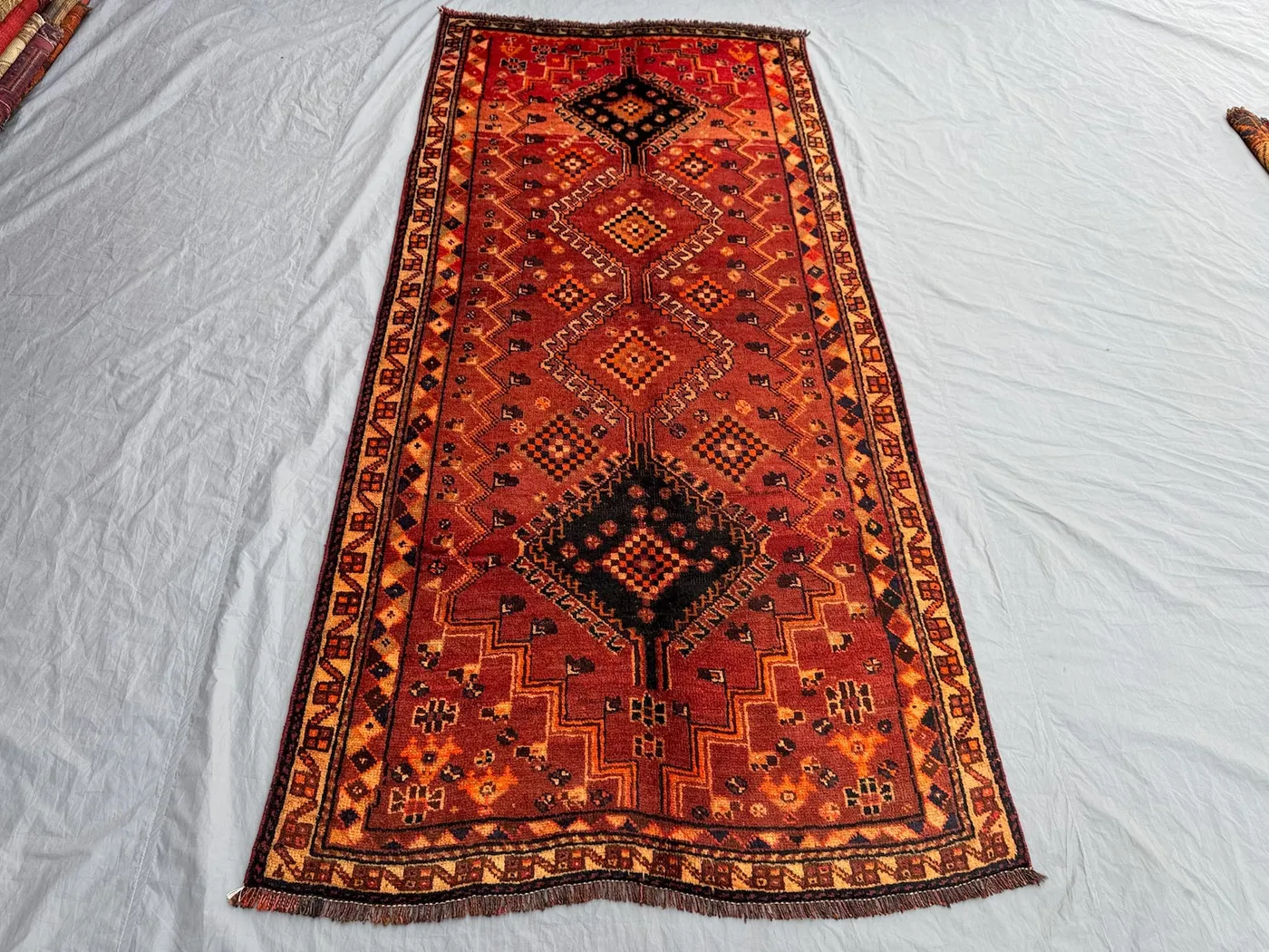 Turkish Inspired Moroccan Runner Rug, 3'10x8'4 ft (117x255 cm), Vintage Hand-Knotted Wool, Soft Red and Black, Tribal Design, One-of-a-Kind