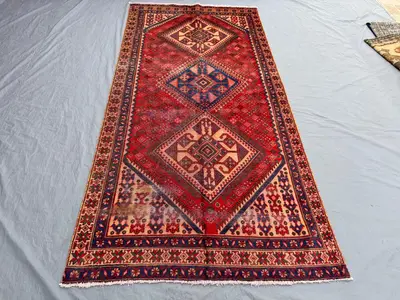 4'8x9'6 ft Turkish Inspired Hand Knotted Low Pile Area Rug, Vintage Geometric Pattern, One of a Kind Home Deco