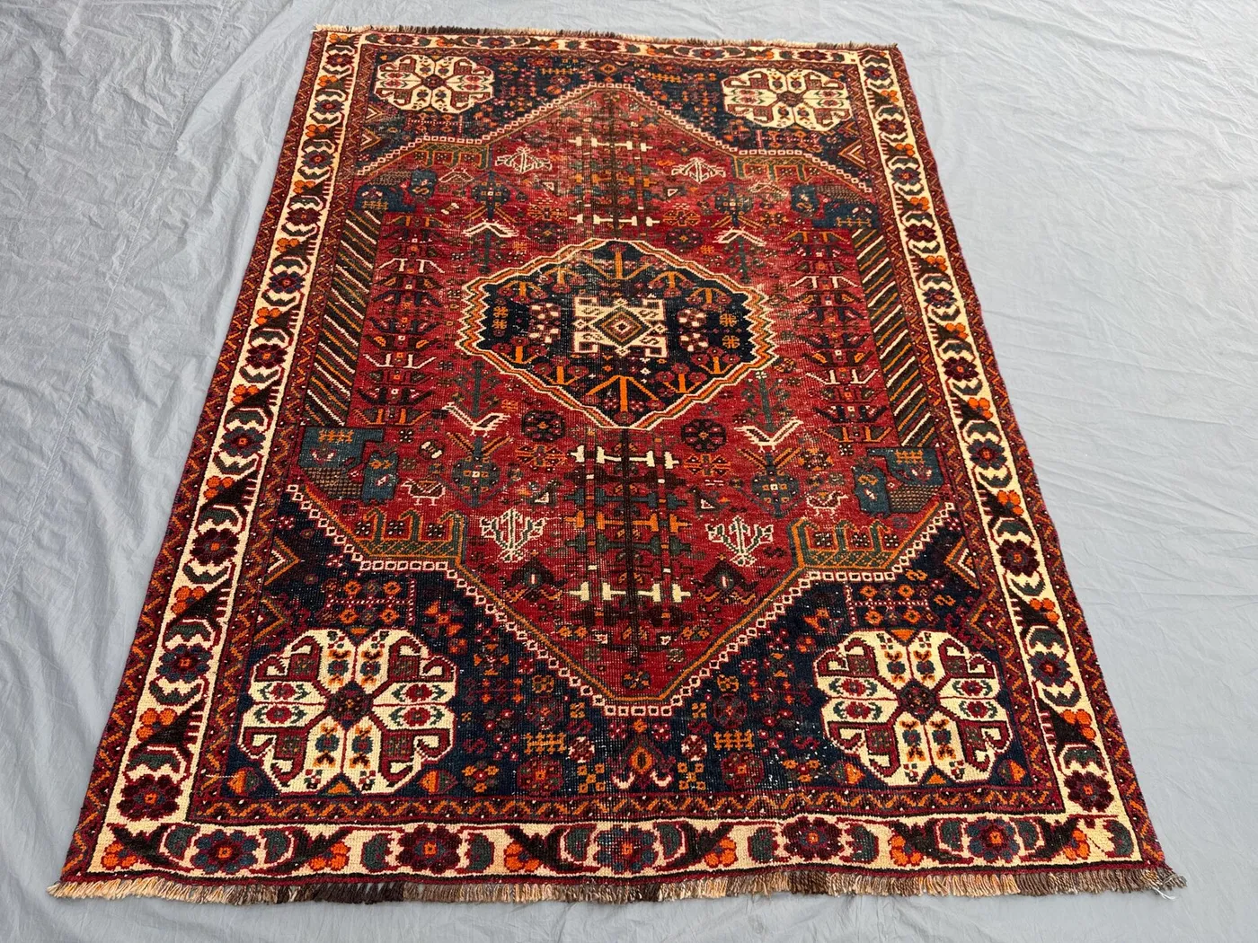 5.5 x 7.4 ft Turkish Hand Knotted Vintage Low Pile Distressed Home Boho Decor Rug - One of a Kind Luxury Medallion Design
