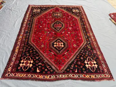 7x10 Persian-Style Shiraz Qashqai Design Rug | Vintage Turkish Hand Knotted Wool | Red Tribal Triple Medallion