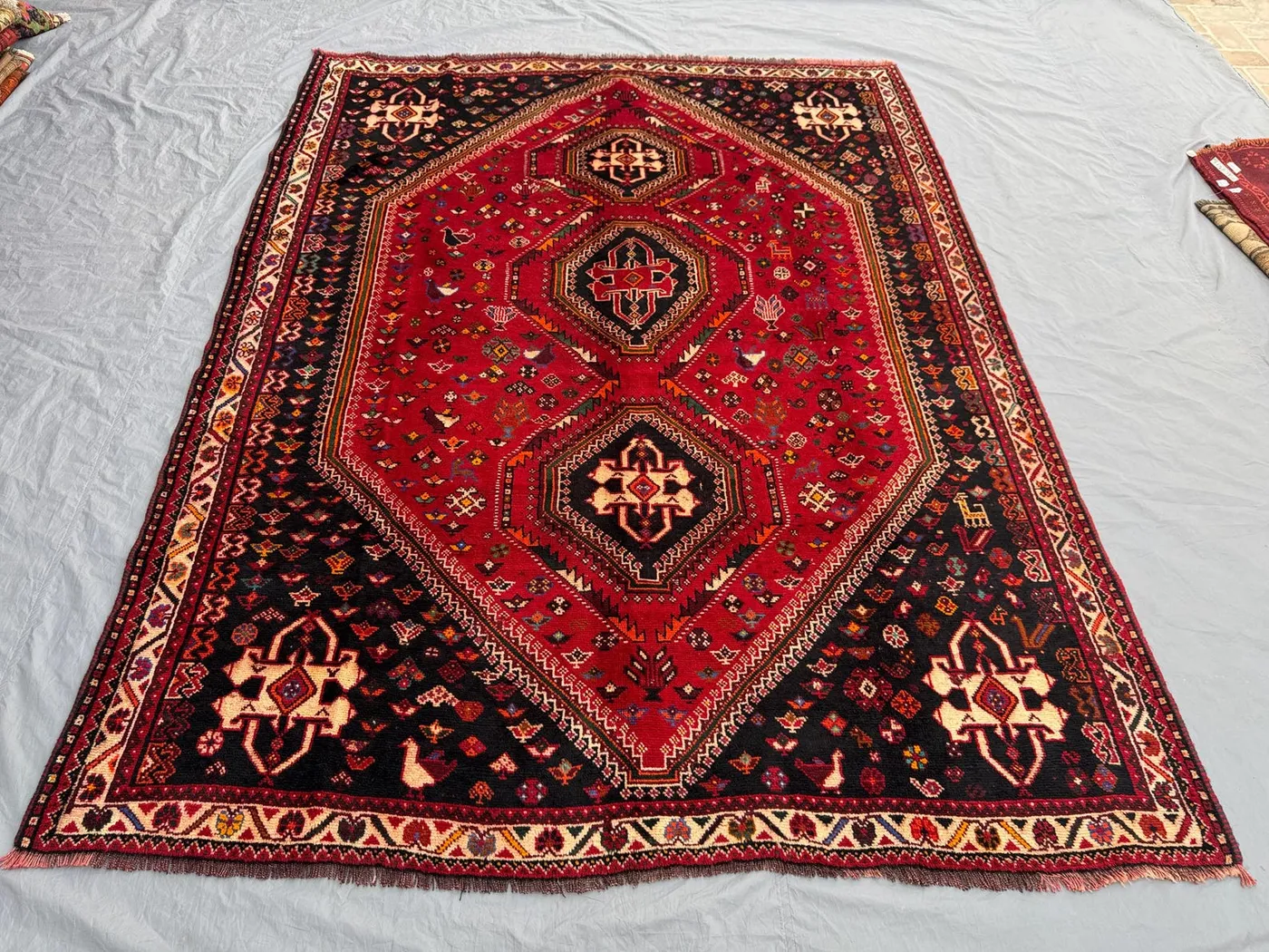 7x10 Persian-Style Shiraz Qashqai Design Rug | Vintage Turkish Hand Knotted Wool | Red Tribal Triple Medallion