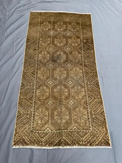 3 × 7 Afghan Hand-Knotted Vintage Rug Turkoman Ersari Tribal Design Brown Beige Soft Wool One-of-a-Kind Tradit