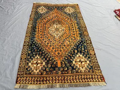 Multicolor 5x8 Hand-Knotted Turkish-Inspired Caucasian Medallion Vintage Rug, Sherazi Tribal, Soft , Animal & 