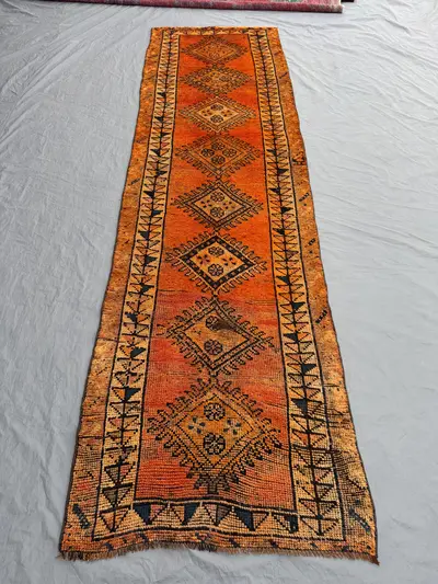 Orange 3'4x11'8 Ft Vintage Turkish Inspired Caucasian Runner Rug, Soft Pile, Tribal Pattern, Boho Decor, Antiq