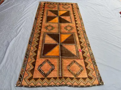 4'7x9'7 Vintage Turkish Inspired Caucasian Runner Rug, Hand Knotted Wool Carpet, Geometric Tribal Nomadic Desi