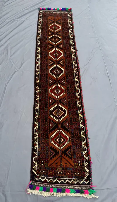 2 × 8 Afghan Hand-Knotted Vintage Runner Balochi Tribal Design Brown Red Ivory Geometric Soft Wool Narrow Hall
