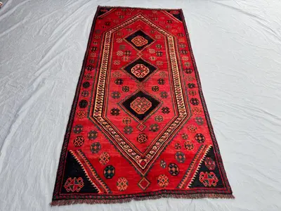 Turkish Inspired Caucasian Rug, 4'1x8'6 ft (125x260 cm), Vintage Hand-Knotted Wool, Soft Red and Black, Medall